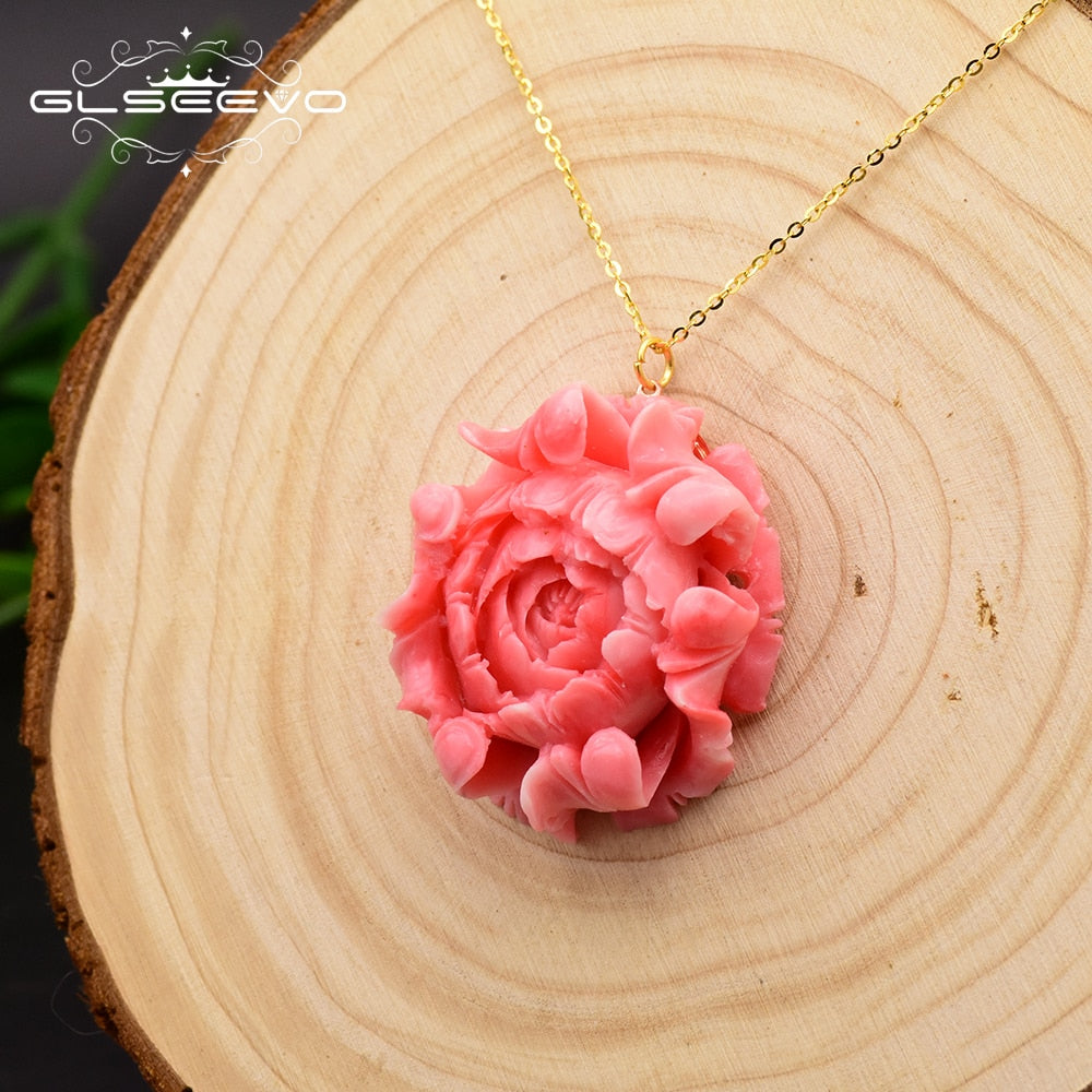 925 Sterling Silver Coral Flower Pendant Necklace For Women