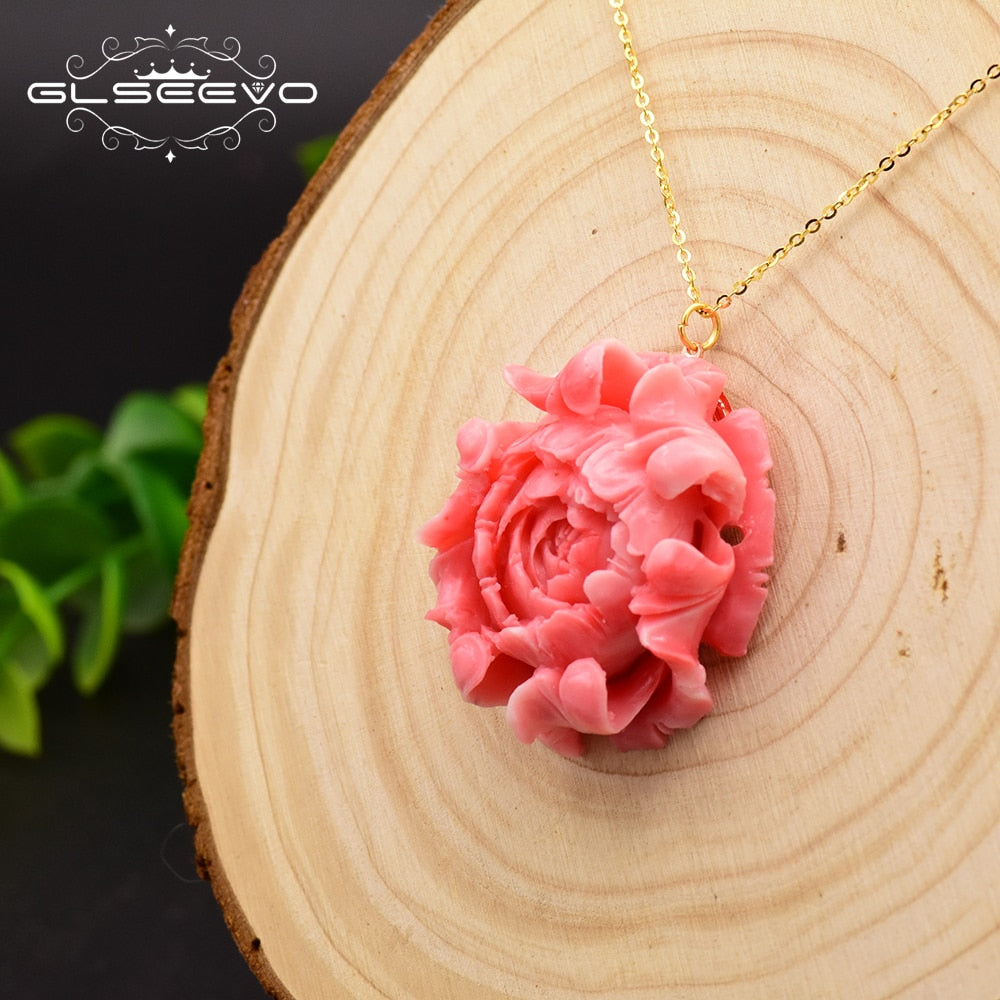 925 Sterling Silver Coral Flower Pendant Necklace For Women
